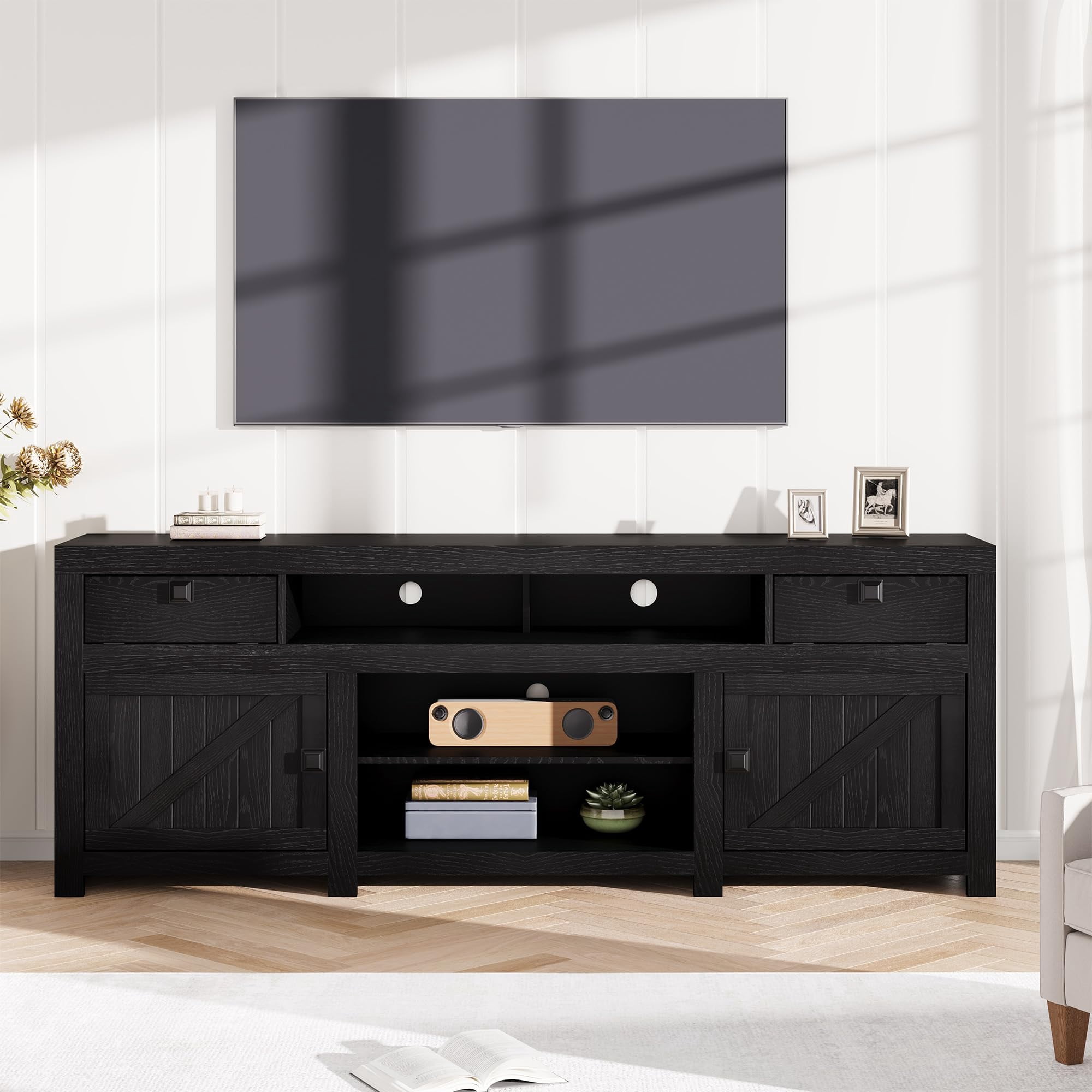 70-Inch Farmhouse TV Stand for TVs Up to 80", Entertainment Center with 4 Storage Drawers & 3 Open Shelves for Living Room-Black