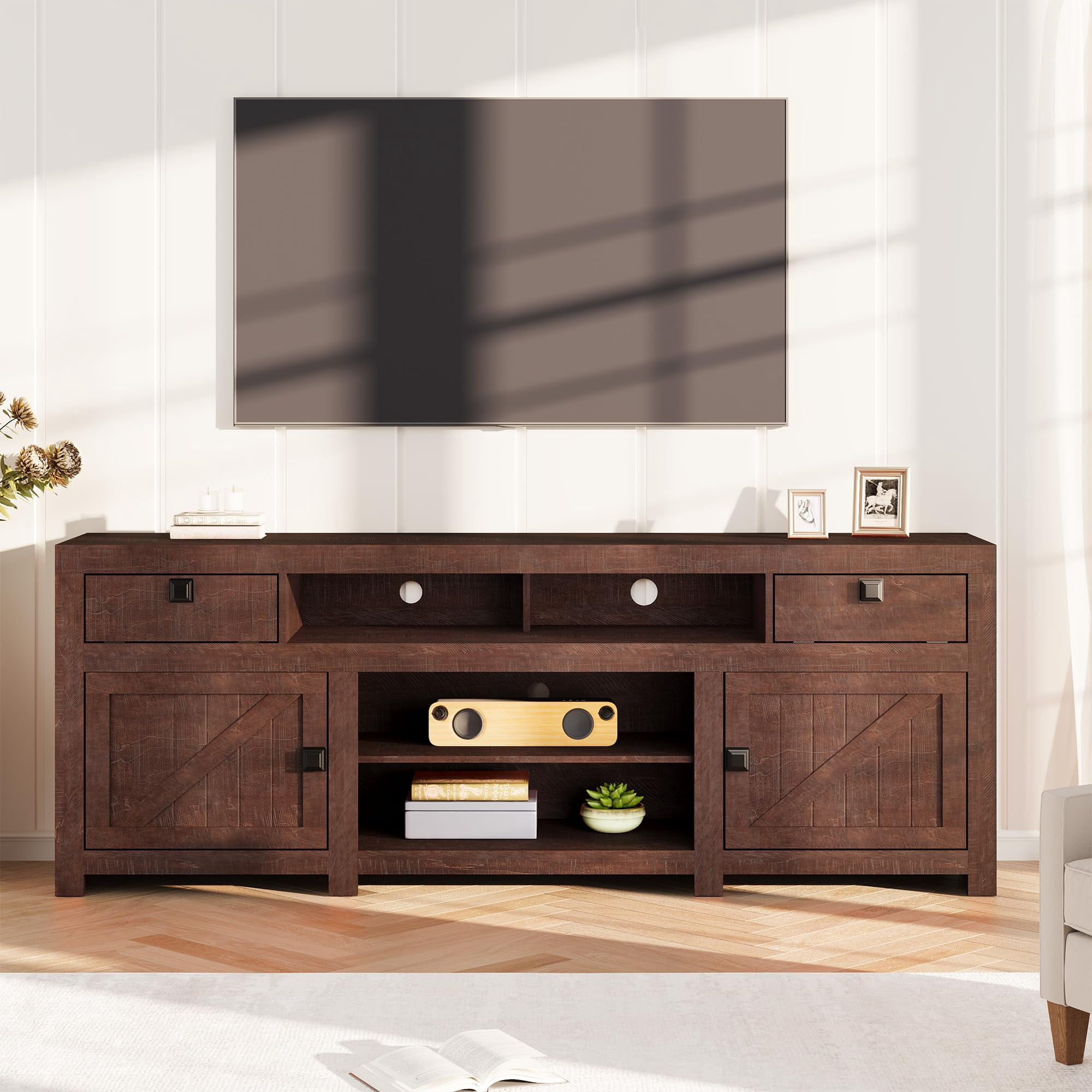 70-Inch Farmhouse TV Stand for TVs Up to 80", Entertainment Center with 4 Storage Drawers & 3 Open Shelves for Living Room-Brown