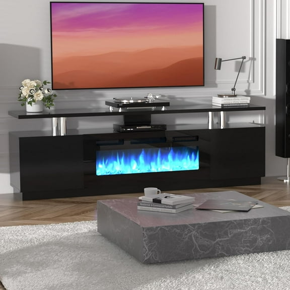 70 Inch Fireplace TV Stand with 36" Electric Fireplace,12 Flame Colors,62-82°F Adjustable Temperature,Remote,Timer,High Gloss 2 Tier Entertainment Center for TVs Up to 80"12 Colors LED Lights Flame