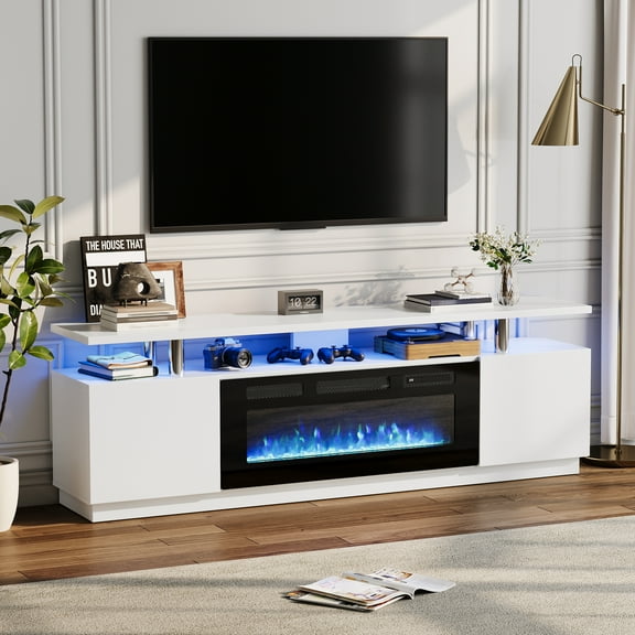 70 Inch Fireplace TV Stand, 36" Electric Fireplace Heater with 12 Flame & LED Colors, 2-Tier Entertainment Center with Storage Cabinet for 80 Inch TV, White Modern TV Console