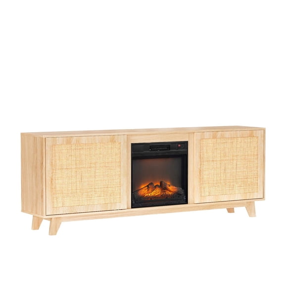 70 Inch Fireplace TV Stand Oak Finish with Rattan Doors & 18 Inch Insert Compatible Electric Fireplace