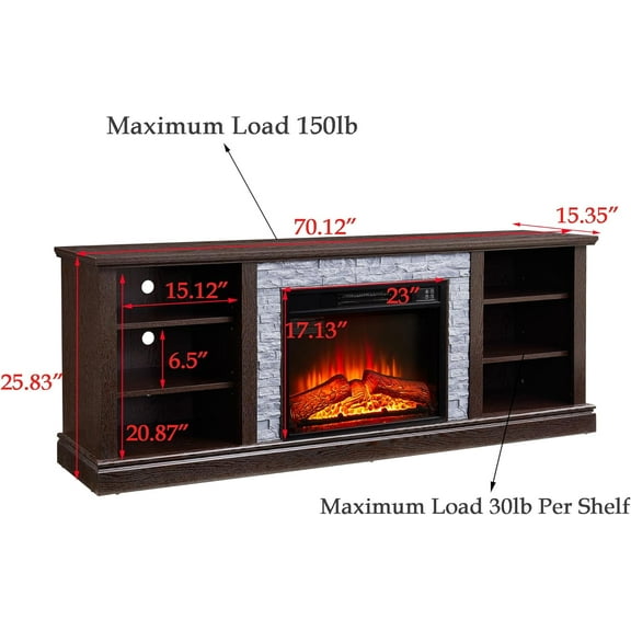 70 Inch Fireplace TV Stand for 75 Inch TV, Electric Fireplace Media Console with Storage, Cherry