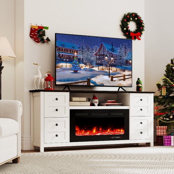 70 Inch Fireplace TV Stand for TVs Up to 80 Inch, Modern Solid Wood Media Console with 36 Inch Electric Fireplace & Storage Drawers, White