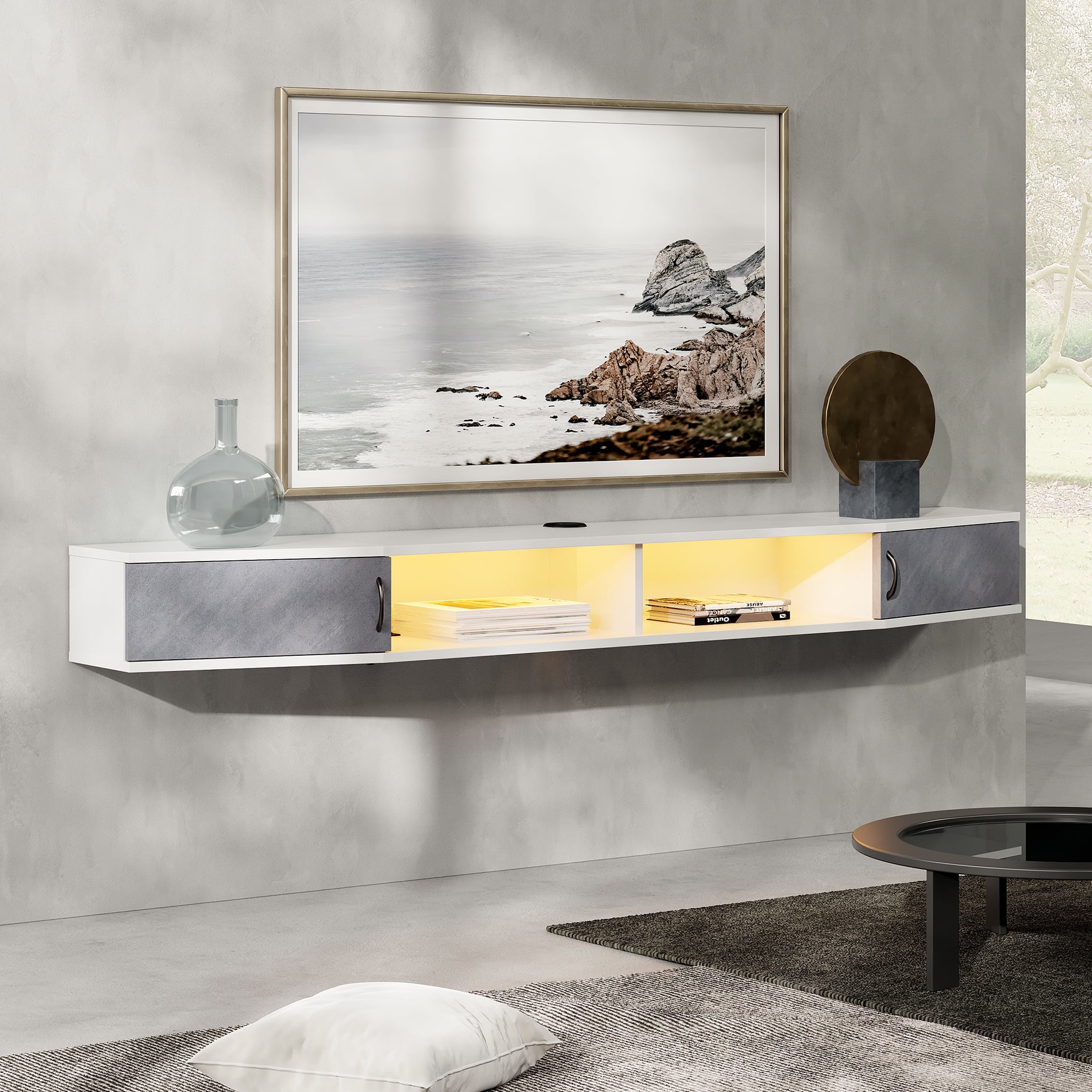 70 Inch Floating TV Stand with Storage Cabinet for TVs up to 80 inch,White&Yellow