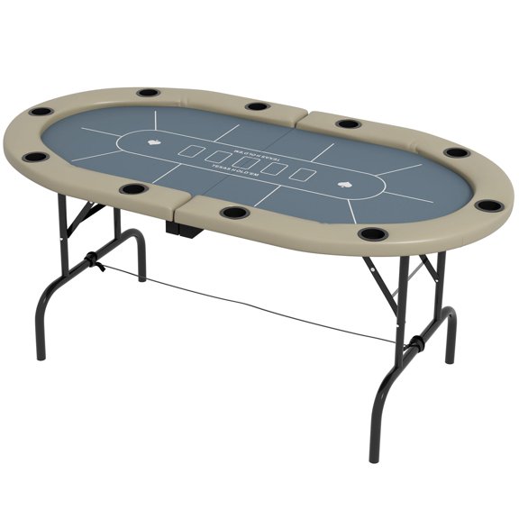 70 Inch Foldable Oval Poker Table for Blackjack Texas Holdem with Cup Holders Blue