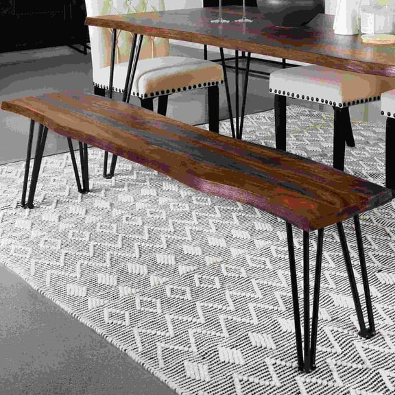 70 Inch Grey Sheesham Live Edge Wood Dining Bench with Hairpin Legs for Kitchen, Modern Farmhouse Bench with Metal Frame, Space Saving Bench for Dining Room Entryway