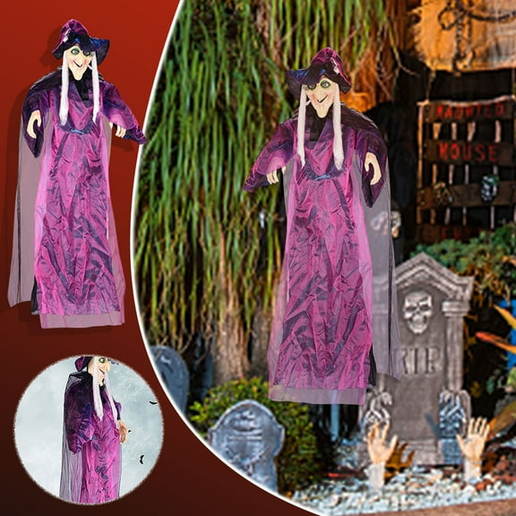 70 Inch Halloween Animatronics Hanging Witch Outdoor Decoration,Sound Animated Talking Witch with Light-up Eyes for Haunted House Prop Dcor,Yard Lawn Decorations