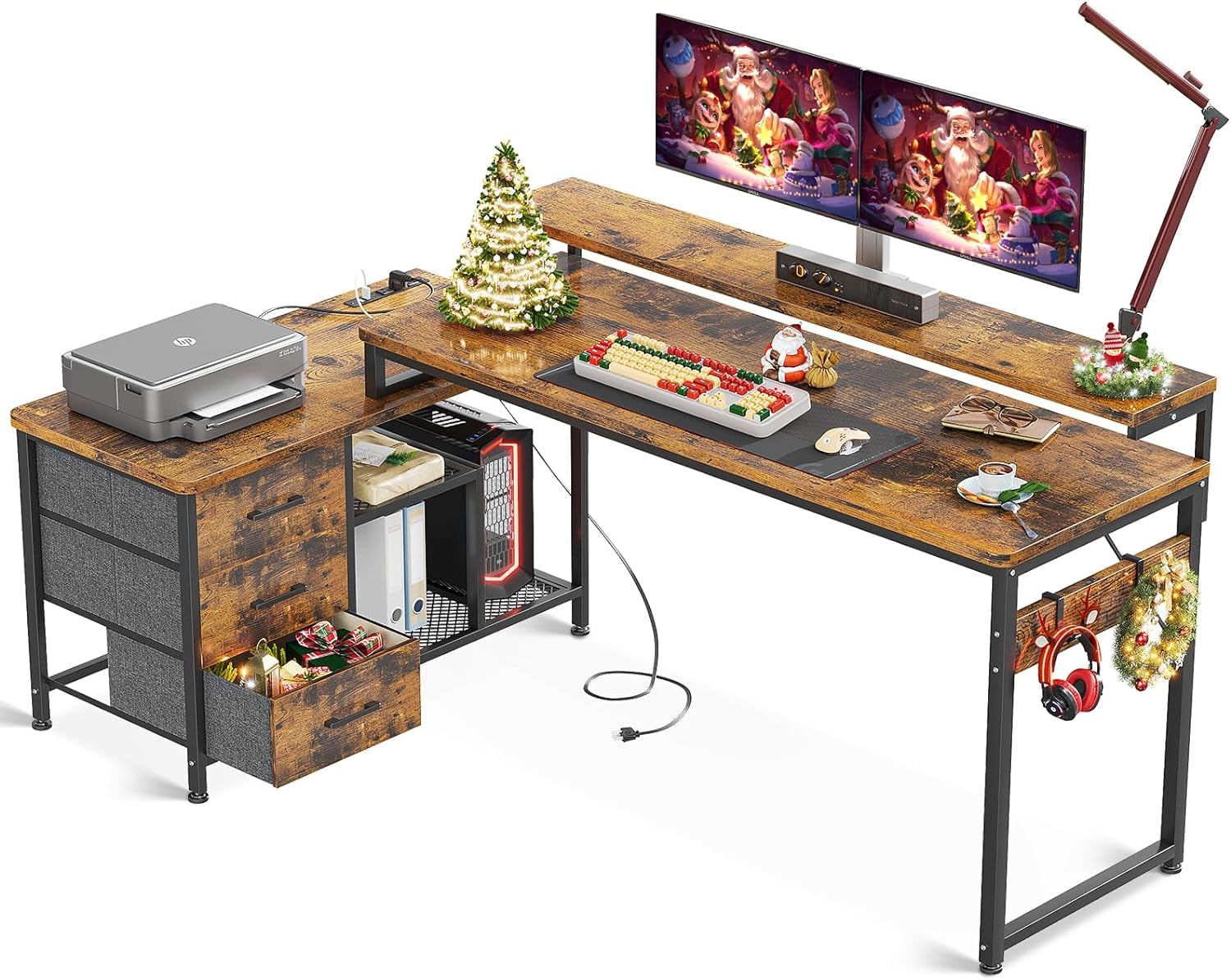 70 Inch L Shaped Computer Desk with Power Outlets & USB Charging Ports