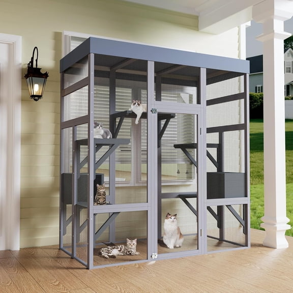 70 Inch Large Outdoor Catio Enclosure, Walk In Cat Shelter with Waterproof Cover, Wooden Platforms and Resting Boxes for Multiple Cats