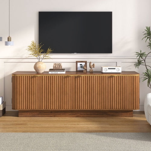 70 Inch Mid-Century Modern TV Stand, Fluted Wood Media Console with Adjustable Shelves and Cable Holes, Entertainment Center with Storage Cabinets, Farmhouse TV Cabinet for Living Room, Brown