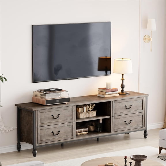 70 Inch Mid-Century Modern TV Stand with Storage, Entertainment Center Featuring Metal Roman Columns and Drawer, TV Console Table for Living Room Rustic Grey