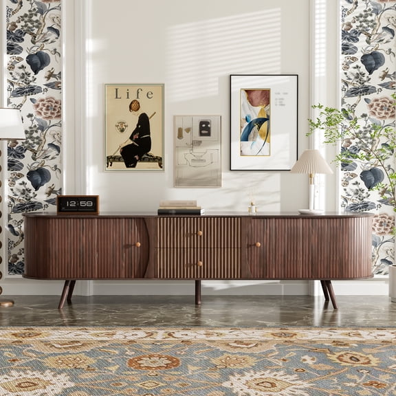 70 Inch Mid Century Modern TV Stand, TV Stand for 80 Inch TV, TV Stand with Tambour Doors, Fluted Drawers, TV Consoles for Living Room, Bedroom