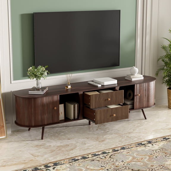 70 Inch Mid Century Modern TV Stand for 80 Inch TV, Dark Brown TV Console with Tambour Doors and Fluted Drawers for Living Room