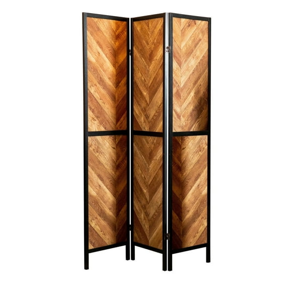 70 Inch Modern 3 Panel Folding Room Divider Herringbone Pattern Brown - Saltoro Sherpi