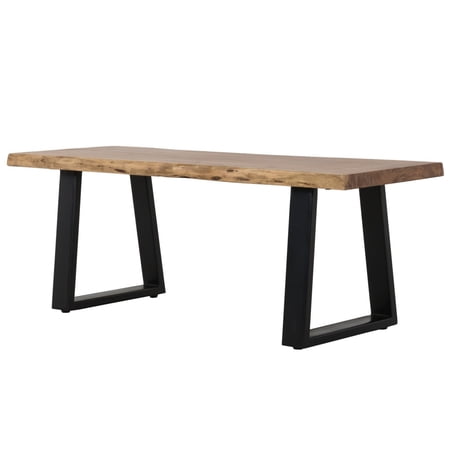 70 Inch Modern Dining Bench, Wood Seat Top and Trapezoidal Iron Legs, Black- Saltoro Sherpi