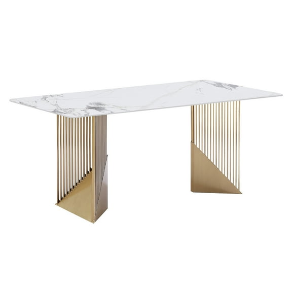 70 Inch Modern Snow-white Slate Dining Table with Copper Gold Double Pedestal