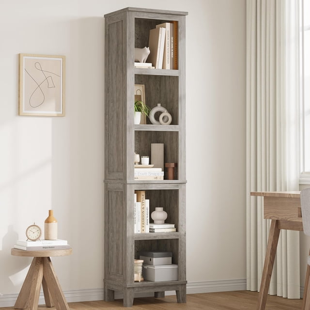Standard Home Depot Racks 70 Inch Narrow 5 Tier Farmhouse Bookcase, Tall Slim Wooden Bookshelf ...