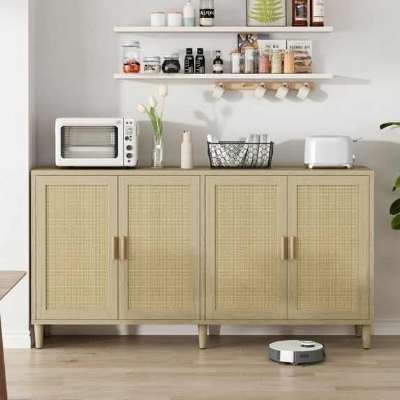 70 Inch Natural Rattan Buffet Cabinet with Storage, 4-Door Sideboard with Adjustable Shelves for Kitchen, Living Room, Dining Room, Easy Assembly and Durable Design
