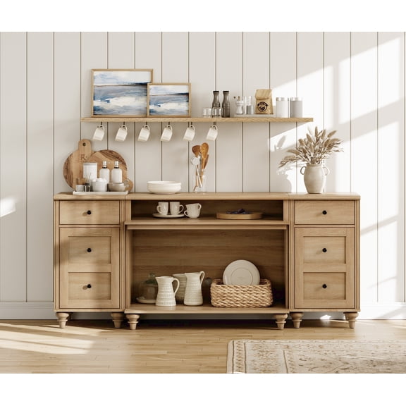 70 Inch Oak Sideboard Cabinet with 2 Drawers, 2 Open Shelves & Built-in Charging Station, Vintage Wood Grain Buffet Cabinet, Coffee Bar Storage Cabinet for Dining Room, Kitchen and Living Room