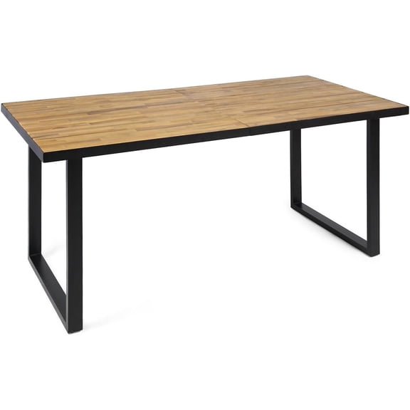 70 Inch Outdoor Dining Table, Modern Rectangular Acacia Wood Patio Table with Iron Legs, Teak Finish Slatted Top for Backyard Garden Deck, Teak+ Black