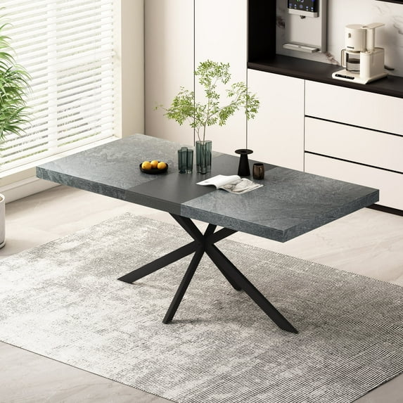 70 Inch Retro Rectangular Stretch Dining Table, Stone Top and Black Relief Plate, Black Fine Sand Cross Iron Foot Base Dining Table with Storage Box, Black
