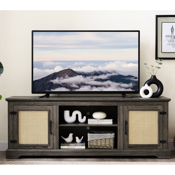 70-Inch TV Stand Table | Serves as Entertainment Center, Storage for Gadgets | Natural Rattan Decorated Surface, MDF + PB | Solves Messy Cable Issue with 6 Cutouts