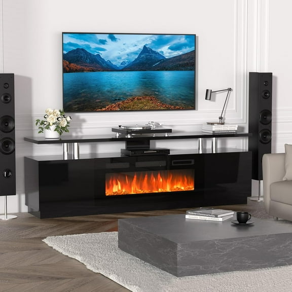 70 Inch TV Stand with 36 Inch Electric Fireplace Heater, for Up to 80 Inch TVs, LED Light Entertainment Center with LED Light and 12 Flame Colors
