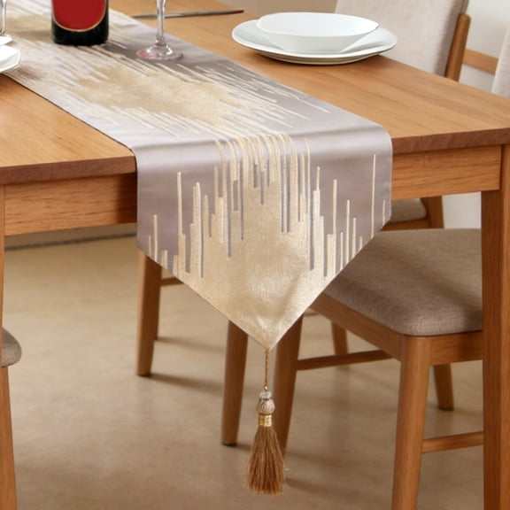 70 Inch Long Beige Table Runner with Tassels Piano Key Stripe Pattern Polyester for Dining Table Console Decor