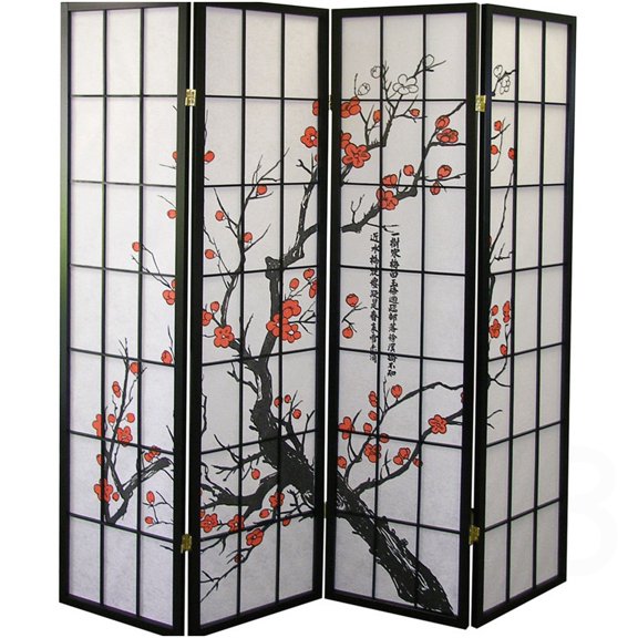 70 Inch Tall 4-Panel Black Wood Room Divider, Plum Blossom Design for Living Space Separation