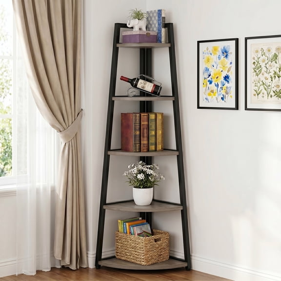 70 Inch Tall 5 Tier Corner Shelf, Modern Industrial Corner Ladder Bookshelf Freestanding Plant Stand Storage Rack For Small Space, Living Room, Kitchen, Home Office, Bathroom (Grey)