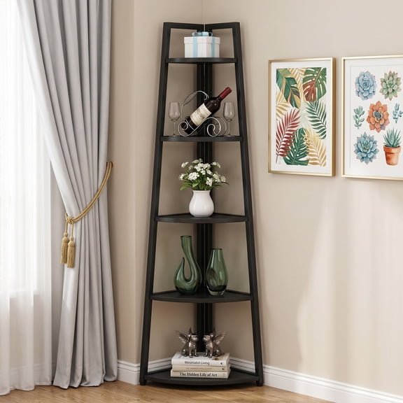 70 Inch Tall 5 Tier Corner Shelf, Modern Industrial Corner Ladder Bookshelf Freestanding Plant Stand Storage Rack For Small Space, Living Room, Kitchen, Home Office, Bathroom (Black)