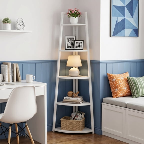 70 Inch Tall 5 Tier Corner Shelf, Modern Industrial Corner Ladder Bookshelf Freestanding Plant Stand Storage Rack For Small Space, Living Room, Kitchen, Home Office, Bathroom (White)