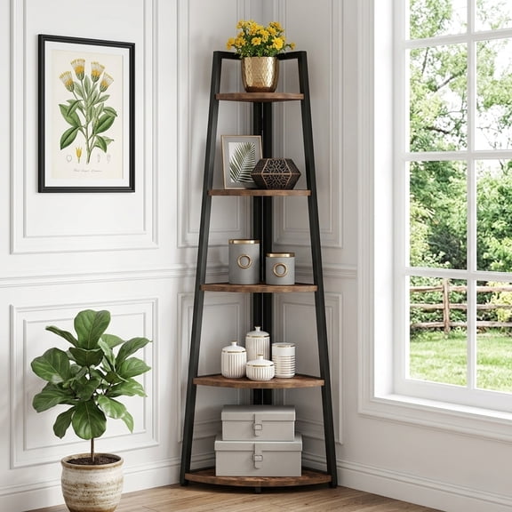70 Inch Tall 5 Tier Corner Shelf, Modern Industrial Corner Ladder Bookshelf Freestanding Plant Stand Storage Rack For Small Space, Living Room, Kitchen, Home Office, Bathroom (Brown)