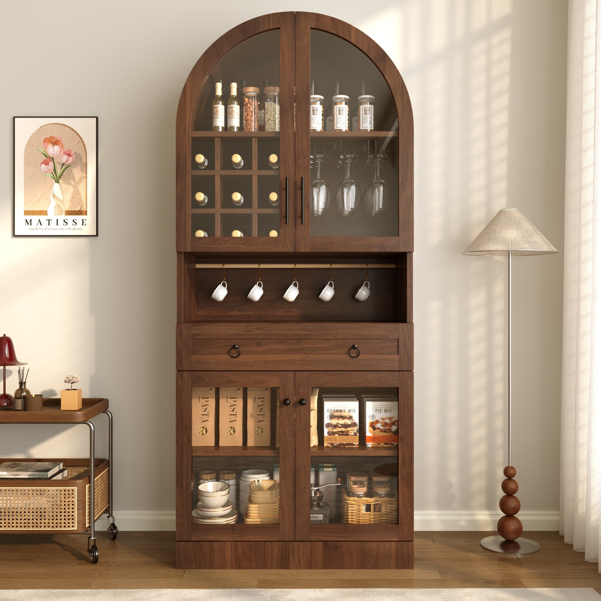 70 Inch Tall Arched Bar Cabinet with Tempered Glass Doors, Wine Rack ...