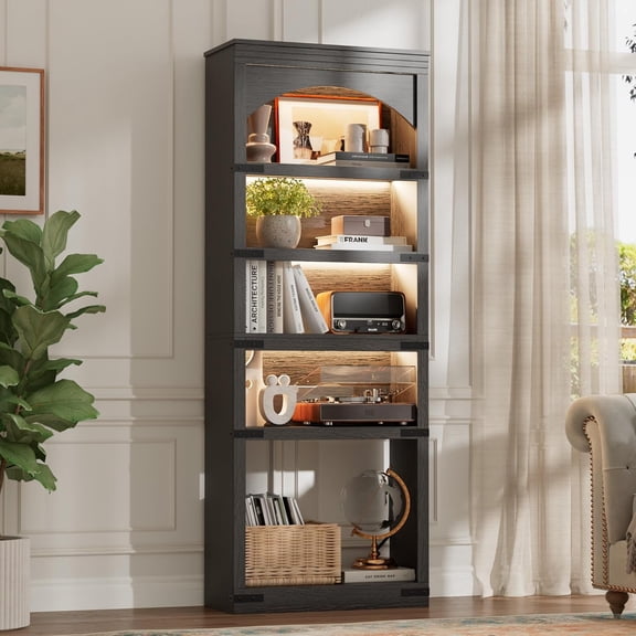 70-Inch Tall Black Arched Bookcase with LED Lights, 5 Tier Open Display Shelf and Metal Corners