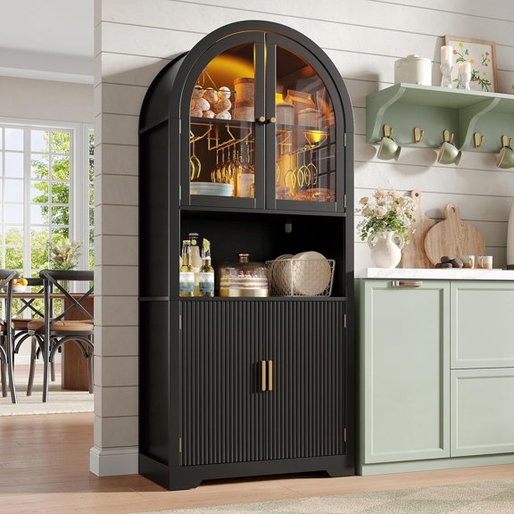 70-Inch Tall Black Arched Wine Bar Cabinet with LED Light, Fluted Design, Stemware Rack, and Glass Doors