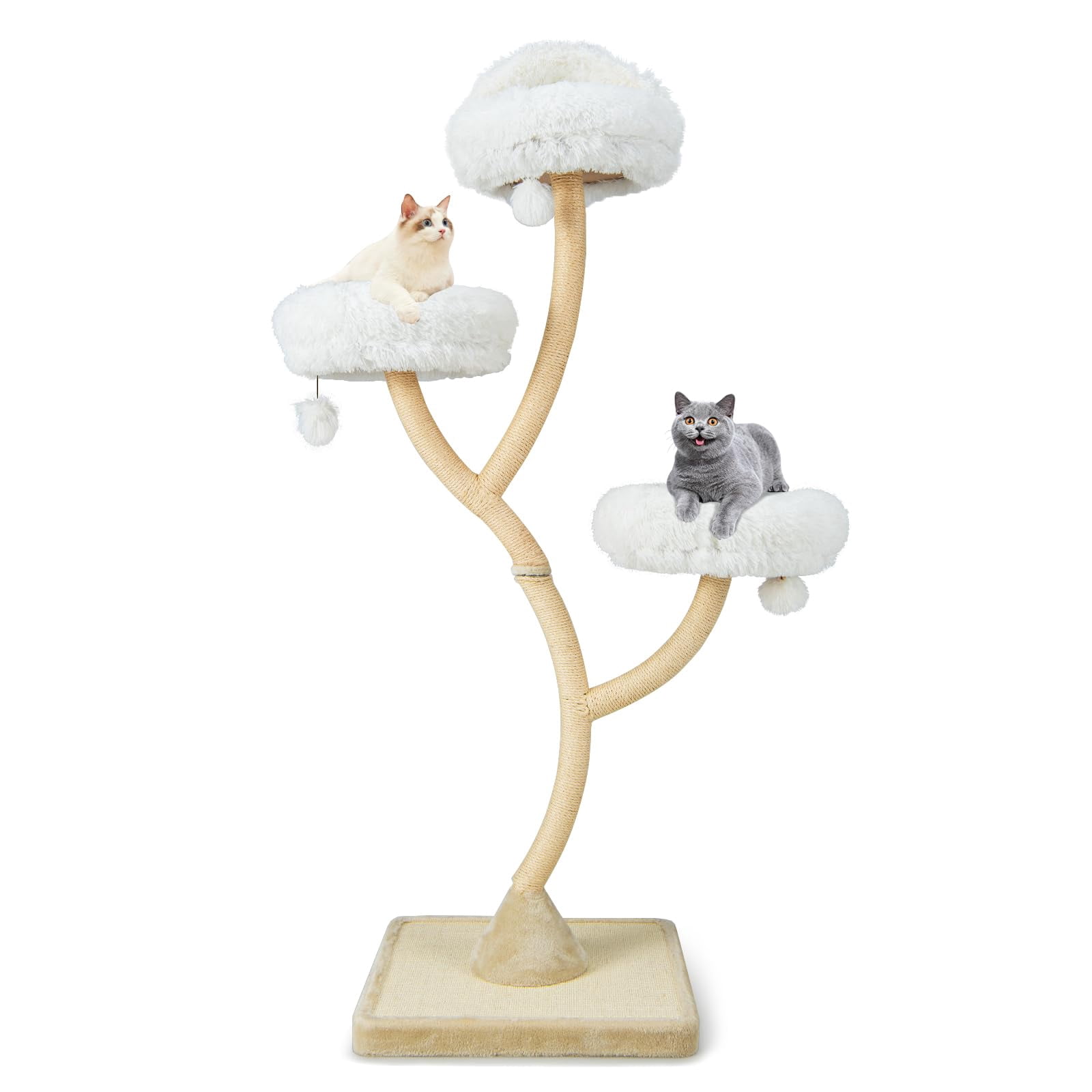 70 Inch Tall Cat Tree for Large Adult Cats, Multi-Level Cat Tower with 3 Cozy Perches, Sisal Scratching Posts, Board and 3 Jingling Toys, Modern Indoor Cat Furniture, White Beige