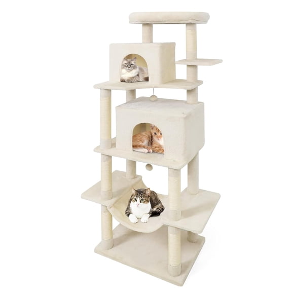 70 Inch Tall Cat Tree, Multi Level Large Cat Tower With Sisal Scching Posts, Plush Top Perch, 2 Condos, Hammock, 2 Dangling Balls For Indoor Cats Large Adults, Beige