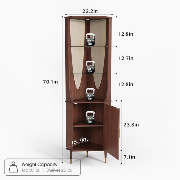 70 Inch Tall Corner Bar Cabinet with LED Lights and Glass Shelves, Mid- Modern Fluted Storage Hutch for Living Room Kitchen