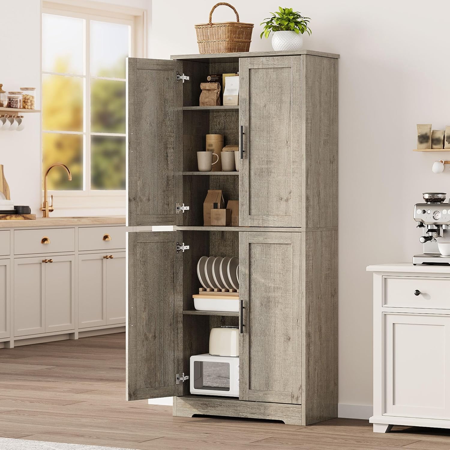 70 Inch Tall Kitchen Pantry Cabinet, Freestanding Storage Cabinet with 4 Doors and Adjustable Shelves, Utility Hutch Cupboard for Dining Room, Bathroom, Living Room