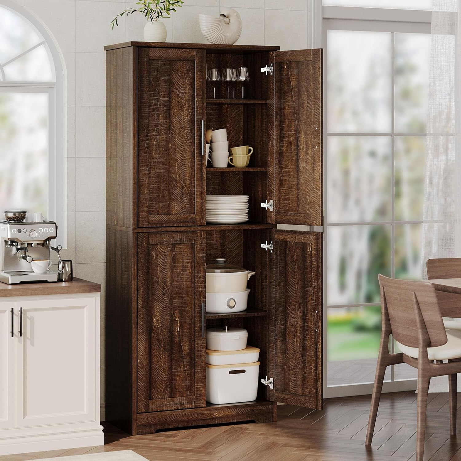70 Inch Tall Kitchen Pantry Cabinet, Freestanding Storage Cabinet with 4 Doors and Adjustable Shelves, Utility Hutch Cupboard for Dining Room, Bathroom, Living Room