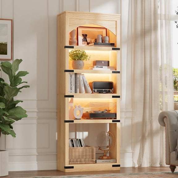 70-Inch Tall Natural Arched Bookcase with LED Lights, 5 Tiers, and Metal Corners