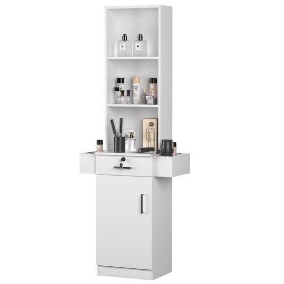 70 Inch White Barber Station - Salon Workstation for Hair Stylists, Home Beauty Salon Equipment with Storage Cabinet | Barber Supplies Organizer Furniture