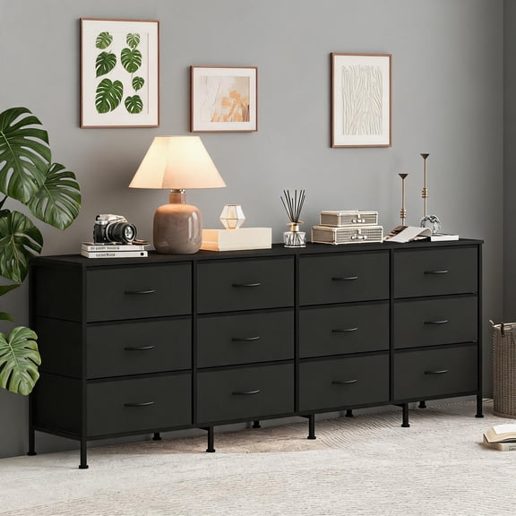 70 Inch Wide Engineered Wood Top Media Console With 12 Fabric Drawers And Built-In Charging Station