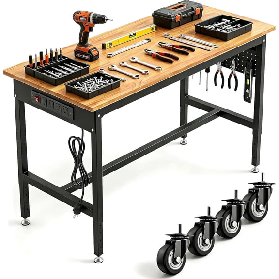 70 Inch Workbench with Power Outlet & Pegboard, Heavy Duty Adjustable Work Table for Garage Workshop, 2000 lbs Load Capacity Steel Frame