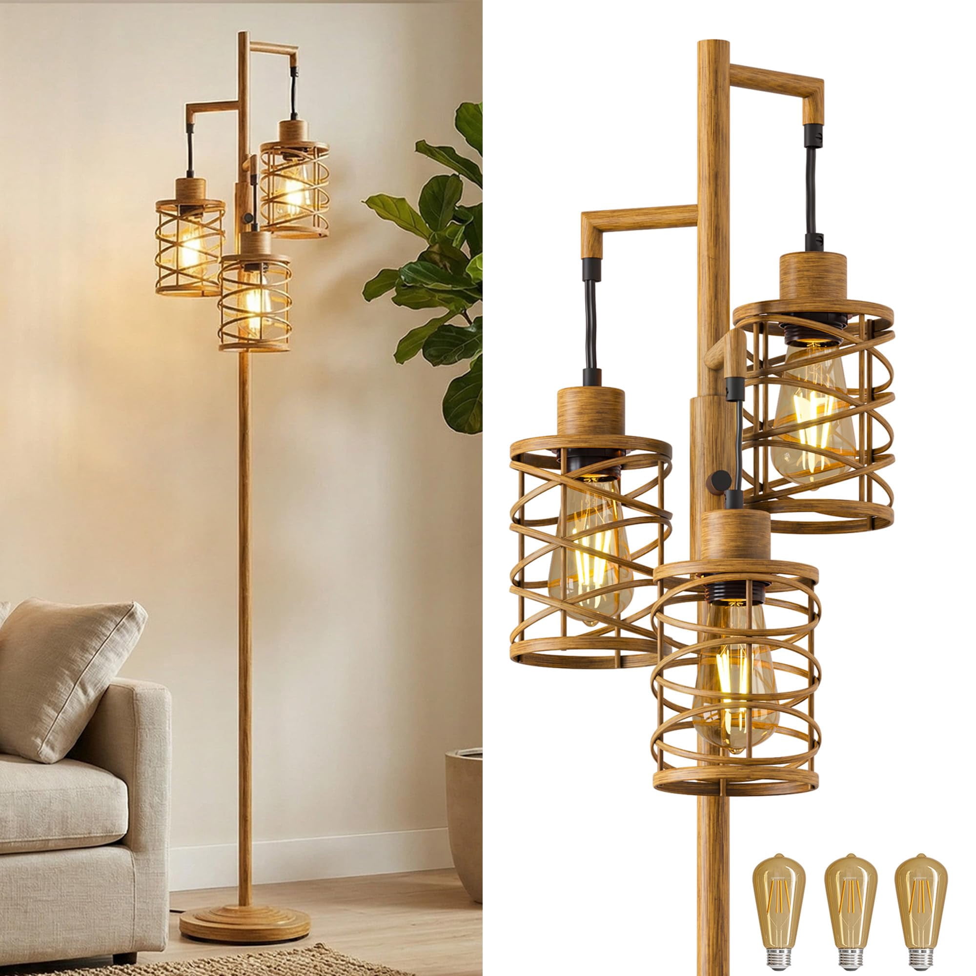 70" Industrial Floor Lamp with Stepless Dimming, 3 Teal Glass Bulbs Included for Living Room