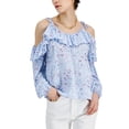 thumbnail image 1 of $70 International Concepts Womens Ruffle-Trim Cold-Shoulder Blouse Blue Size XS, 1 of 1