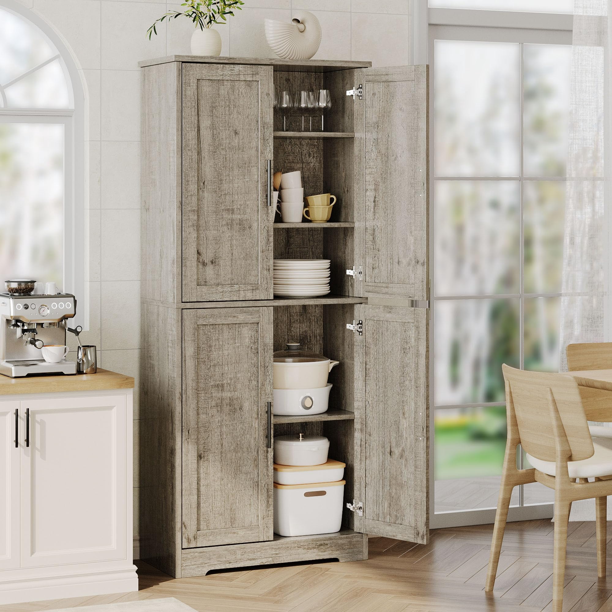 70" Kitchen Pantry Cabinet, Freestanding Storage Cabinet with 4 Doors and Shelves, Tall Large Wood Storage Cabinet for Bathroom, Dining Room