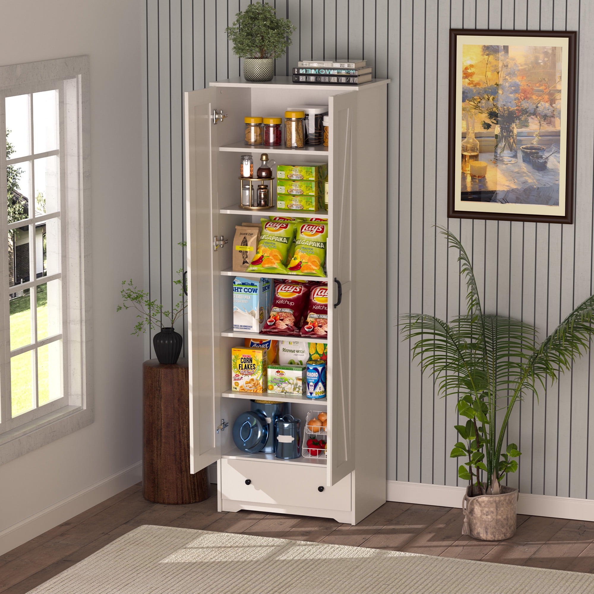 70'' White Farmhouse Wood Kitchen Pantry Cabinet with Adjustable Shelves