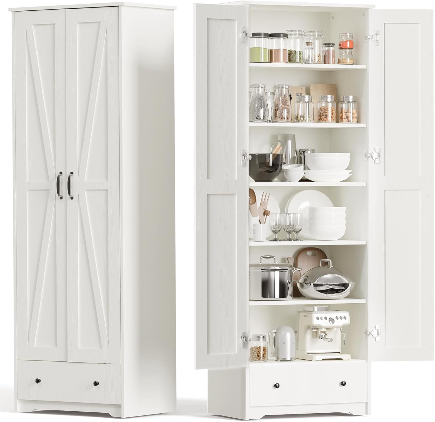 UPGO 70'' Tall Large Wood Storage Pantry Cabinet with 6 Adjustable Shelves, 2 Barn Doors and Drawer